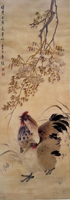 薛文華繡紫藤雙雞圖（軸），民國時(shí)期蘇繡，民國織繡精品，華喦
