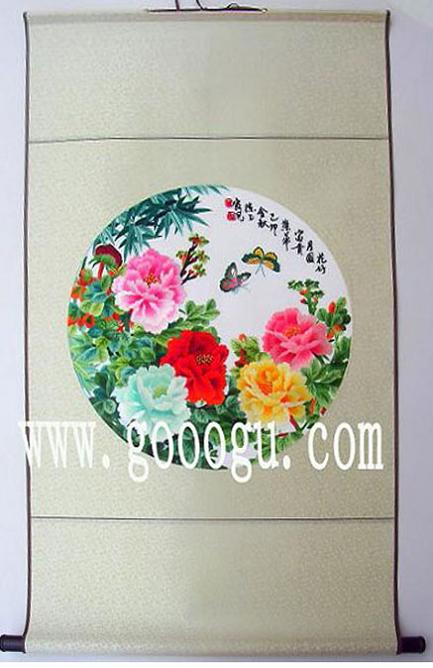圓形牡丹刺繡畫，傳統(tǒng)天地桿蘇繡畫禮品