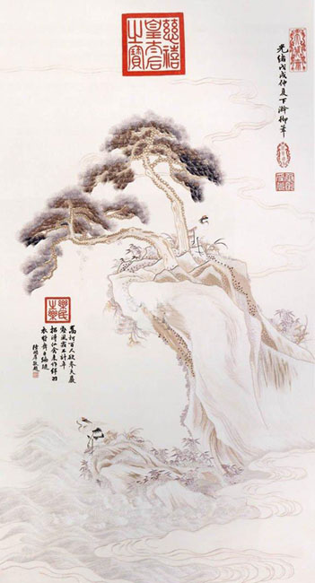 刺繡慈禧印松鶴圖（軸）,宮廷繡品，皇家刺繡品